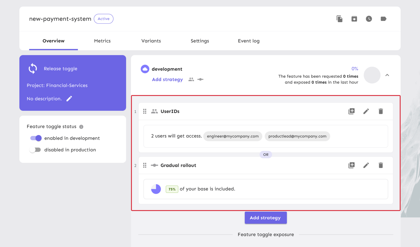 A feature flag with two active strategies: a user ID strategy and a gradual rollout strategy. The strategies are configured as described in the preceding paragraph.